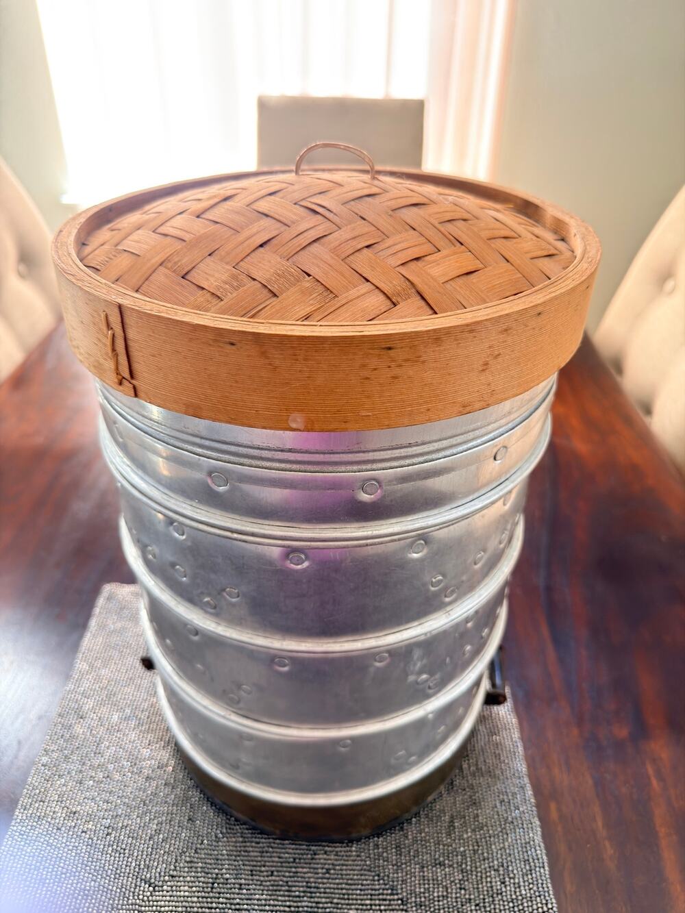 Vintage 9” Asian Multi-Tier Aluminum Steamer Brass-Tone Base Bamboo Lid